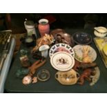 A LARGE AMPOUNT OF ITEMS TO INCLUDE TREEN ANIMALS, CABINET PLATES, VASES, TRINKET BOXES, FIGURES,