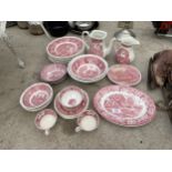 AN ASSORTMENT OF RED AND WHITE CERAMIC WARE TO INCLUDE ADAMS AND WOOPS WARE PLATES, BOWLS AND JUGS
