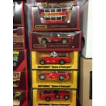 FIVE BOXED MATCHBOX MODELS OF YESTERYEAR MODEL VEHICLES - FOUR FIRE ENGINES AND A TRAM