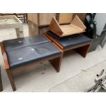 FOUR WOODEN AND FUAX LEATHER TOPPED BENCHES