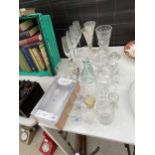 AN ASSORTMENT OF GLASS WARE TO INCLUDE CHAMPAGNE FLUTES, SHERRY GLASSES AND A CUT GLASS VASE ETC