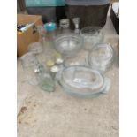 AN ASSORTMENT OF GLASS WARE TO INCLUDE PUNCH BOWLS, JAM JARS AND KILNER BOTTLES ETC