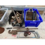 AN ASSORTMENT OF VINTAGE TOOLS TO INCLUDE STILSENS, RASPS AND BRASS TAPS ETC
