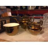 THREE PIECES OF GRAYS GOLD COLOURED POTTERY TO INCLUDE A TEAPOT, JUG AND SUGAR BOWL