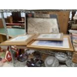 AN ASSORTMENT OF FRAMED PRINTS AND PICTURES TO INCLUDE EARLY REPRODUCTION MAP OF CHESHIRE ETC