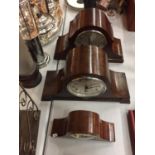 THREE VINTAGE NAPOLEONS HAT MANTLE CLOCKS, ALL WOODEN CASED, ONE WORKING AT TIME OF LOTTING UP