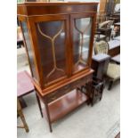 A MODERN YEW WOOD TWO DOOR DISPLAY CABINET ON OPEN BASE, WITH FOUR SHORT AND TWO LONG DRAWERS, 31"