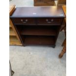 A REPRODUCTION MAHOGANY AND INLAID TWO TIER OPEN BOOKCASE WITH TWO FRIEZE DRAWERS, 30" WIDE