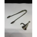 A PAIR OF SILVER SUGER TONGS AND A CANDLE SNUFFER