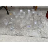 AN ASSORTMENT OF GLASS WARE TO INCLUDE SHERRY GLASSES, TUMBLERS AND WINE GLASSES ETC