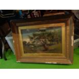 A GILT FRAMED PICTURE OF A COOUNTRYSIDE SCENE. THE FRAME NEEDS ATTENTION