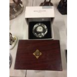 A WOODEN INLAID JEWELLERY BOX AND A ROYAL DOULTON ROUND CRYSTAL MANTLE CLOCK