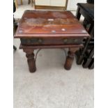 A HARDWOOD LAMP TABLE WITH METAL STUDS, 17.5" SQUARE