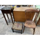 FOUR ITEMS - AN ELM SEATED KITCHEN CHAIR, SMALL HALL STAND, WOVEN STOOL AND AN OAK DROP LEAF