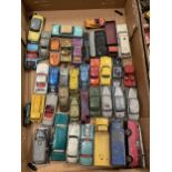 A BOX OF DINKY AND DINKY SUPERTOYS DIECAST VEHICLES TO INCLUDE TRAINS, FIRE ENGINES, CARS, TRUCKS,