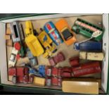 A QUANTITY OF LESNEY AND MATCHBOX DIECAST VEHICLES TO INCLUDE TRUCKS, BUSES, TRACTORS, TRAILERS,