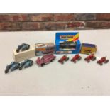 THREE BOXED AND SIX UNBOXED MATCHBOX VEHICLES - ALL MODEL NUMBER 4 OF VARIOUS ERAS AND COLOURS -