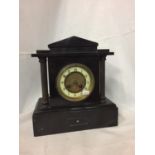 A HEAVY VINTAGE SLATE MANTLE CLOCK, HEIGHT 29CM, WIDTH 26.5 CM