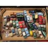 A LARGE QUANTITY OF VINTAGE DINKY CARS AND PIN BADGES. APPROX 44
