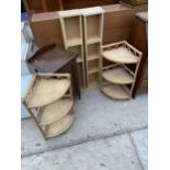 TWO CORNER BAMBOO SHELVES, TWO CD RACKS AND A BEDSIDE LOCKER