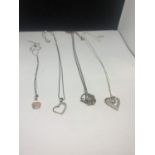 FOUR MARKED SILVER NECKLACES WITH PENDANTS TO INCLUDE A CUPCAKE, TWO HEARTS ETC