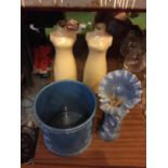 A LARGE BLUE POTTERY PLANTER AND THREE VASES