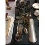 A QUANTITY OF ITEMS TO INCLUDE PEWTER TANKARDS, CANDLESTICK, LARGE LADEL, ETC