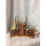 A PAIR OF WOODEN HMS BOUNTY BOOK-ENDS (ONE A/F)