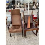 A MAHOGANY FRAMED ARMCHAIR AND A MAHOGANY ROCKING CHAIR (REQUIRES REPAIR TO BACK)