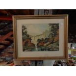 A GILT FRAMED PICTURE 'MILLERS DALE, DERBYSHIRE' SIGNED BY JAMES PRIDDEY