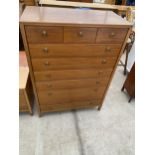 A RETRO TEAK LOUGHBOROUGH FURNITURE CHEST OF THREE SHORT AND SIX LONG DRAWERS, THE BOTTOM DRAW INSET