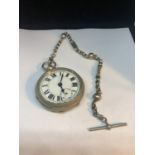 AN ANTIQUE WHITE METAL KEY WIND POCKET WATCH WITH ATTACHED FANCY LINK ALBERT CHAIN AND T BAR