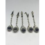 FIVE MARKED 900 SILVER TEASPOONS WITH TWISTED ORNATE DESIGN HANDLES