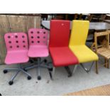 TWO PINK CHILDS OFFICE TYPE CHAIRS AND TWO CHROME FRAMED CHAIRS (RED & YELLOW)