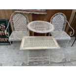 A VINTAGE METAL BISTRO SET TO INCLUDE ROUND TABLE, TWO CHAIRS AND A FURTHER SIDE TABLE