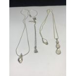 THREE MARKED SILVER NECKLACES WITH PENDANATS TO INCLUDE A THREE PEARLISED TEARDROP, A CLEAR STONE