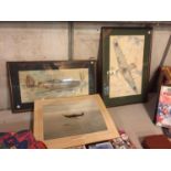 TWO MIXED MEDIA FRAMED SPITFIRE PICTURES SIGNED TURNER 1986, PLUS ANOTHER PRINT OF A SPITFIRE
