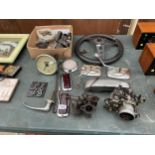 AN ASSORTMENT OF VINTAGE AUTOMOBILE SPARES TO INCLUDE LUCAS LIGHT COVER, A PEUGEOT BADGE AND TWO