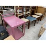 FOUR VARIOUS BEDROOM CHAIRS AND A METAL FRAMED TABLE