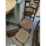 A RUSH SEATED LADDERBACK BEDROOM CHAIR, SMALL STOOL AND BOOK TROUGH