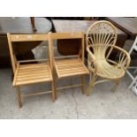 A PAIR OF FOLDING CHAIRS AND BAMBOO ELBOW CHAIR