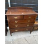 AN EDWARDIAN MAHOGANY AND INLAID CHEST OF TWO SHORT AND THREE LONG GRADUATED DRAWERS, 42" WIDE