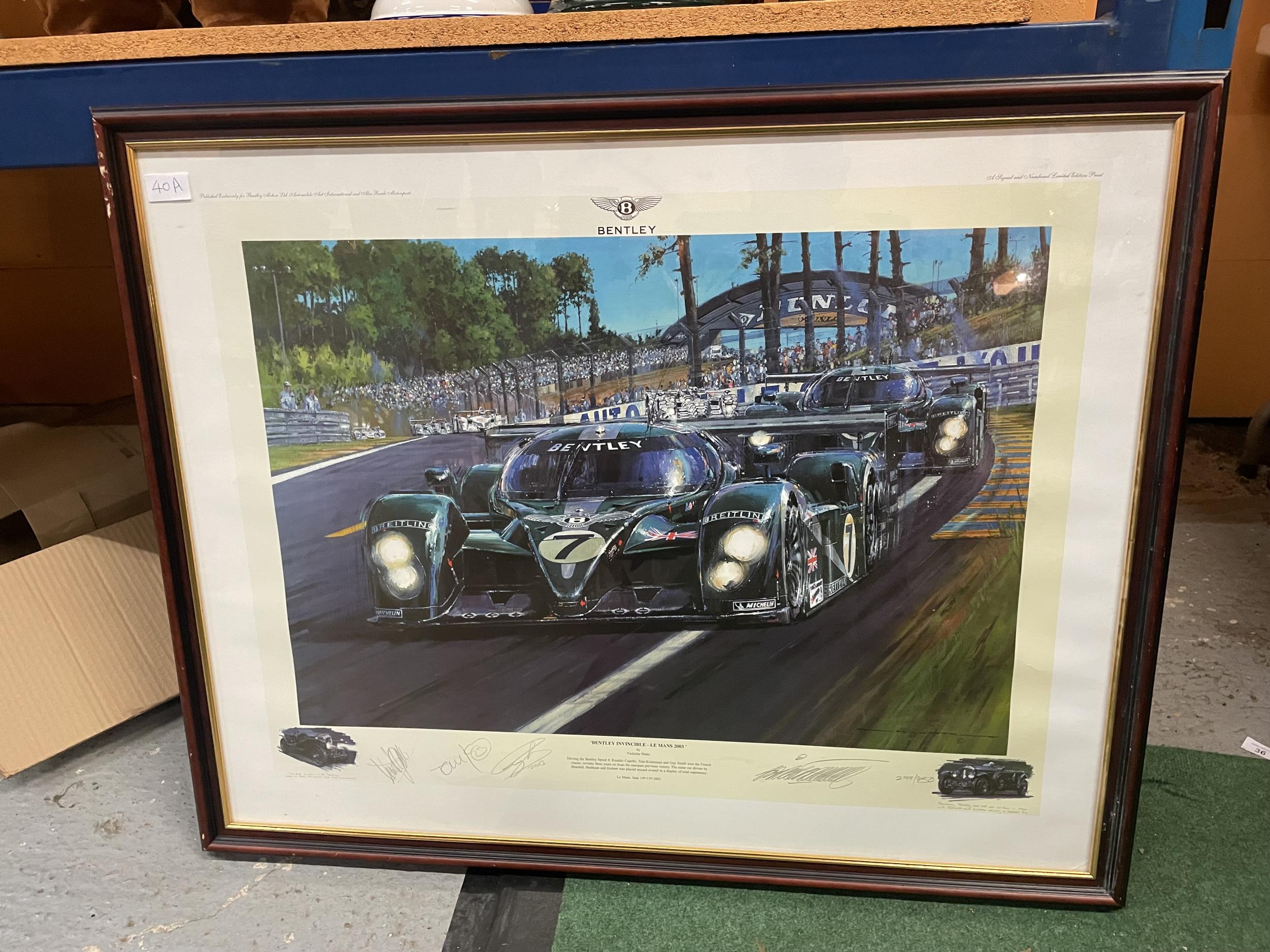 A FRAMED LIMITED EDITION PRINT 299/750 OF A BENTLEY INVINCIBLE - LE MANS 2003 BELIEVED TO BE