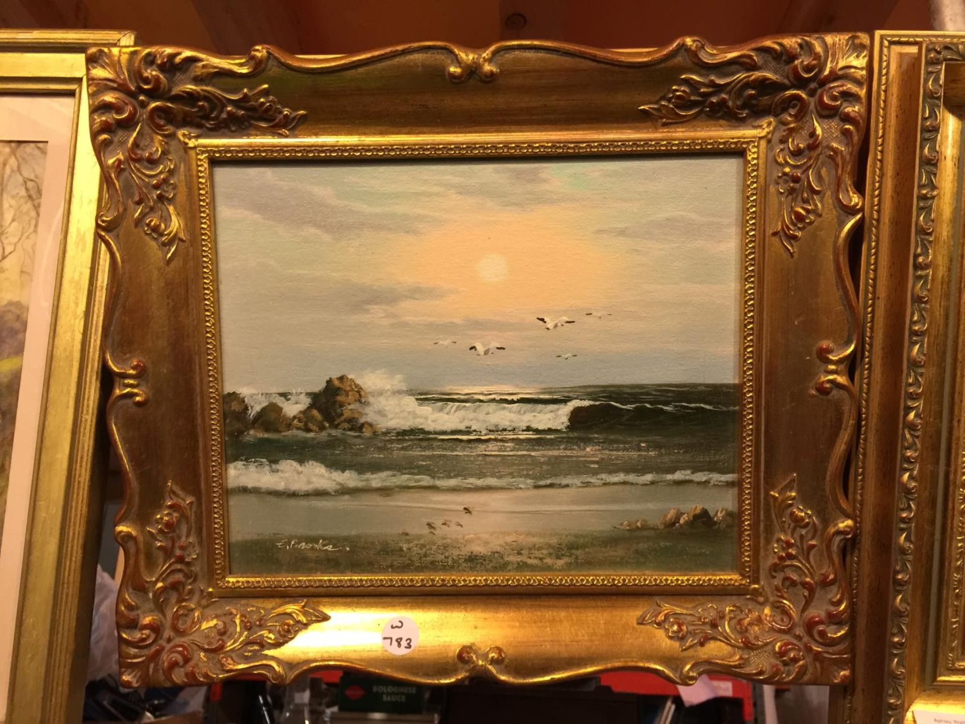 TWO GILT FRAMED OIL ON CANVAS PAINTINGS OF HENS AND A SEA SCAPE - Image 2 of 4