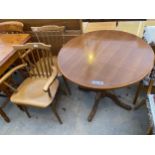 A MODERN CIRCULAR DINING TABLE, 33" DIAMETER AND TWO CHAIRS