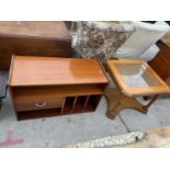 A MODERN TWO TIER COFFEE TABLE WITH GLASS AND CANE TOP AND LOW TEAK STEREO STAND