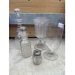 AN ASSORTMENT OF GLASS WARE TO INCLUDE A DECANTOR, VASES AND JUGS ETC
