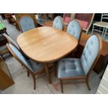 A RETRO TEAK EXTENDING DINING TABLE AND SIX DINING CHAIRS, 56 X 40" (LEAF 24")