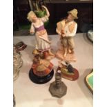 FOUR FIGURINES TO INCLUDE A CONTINENTAL STYLE BOY AND GIRL, AN ASIAN MUSICAL LADY ON A STAND AND A