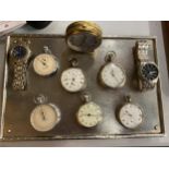 SIX POCKET WATCHES, TWO WRIST WATCHES AND A TRAVEL CLOCK ON A WHITE METAL TRAY